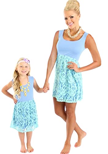 Yming Mama Und Ich Blumenmuster Boho Kurzes Kleid Einteiliges Kleid Elegantes Familien-Tageskleid Hellblau S von Yming