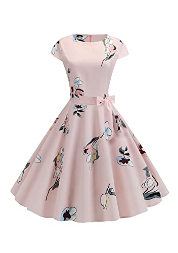 Yming Audrey Hepburn Kleid Für Damen Kurzärmelige Kleider Mit Blumenmuster Prinzessin Abendkleid Sommerkleid Plissiert Mit Gürtel Hellrosa XL von Yming