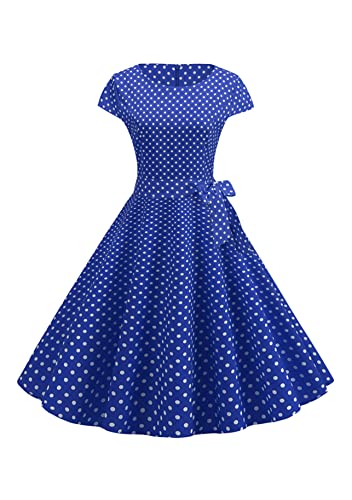 Yming Audrey Hepburn Kleider Mit Erbsen Für Frauen Ballkleid Mit Gürtel Hochgeschlossenes Kleid Mit Rundhalsausschnitt Rockabilly Sommerkleid Royal Blau L von Yming