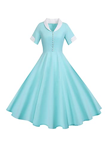 Yming Damen 1950er Jahre Reverskragen Partykleid Vintage Faltenkleid Retro Rockabilly Cocktail Trapez Abendkleid Hellblau XL von Yming