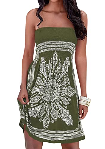 Yming Bandeau Sonnenkleid Für Frauen Lässiges Trägerloses Knielanges Kleid Schulterfreies Sommerkleid Mit Blumendruck Armeegrün XXL von Yming