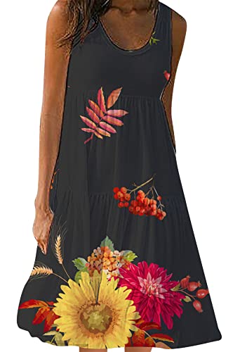 Yming Bohemian Casual Push Up Kleid Für Damen Strandkleider Trapezförmig Ärmellose Kleider Mit Rundem Halsausschnitt Gelb Floral L von Yming
