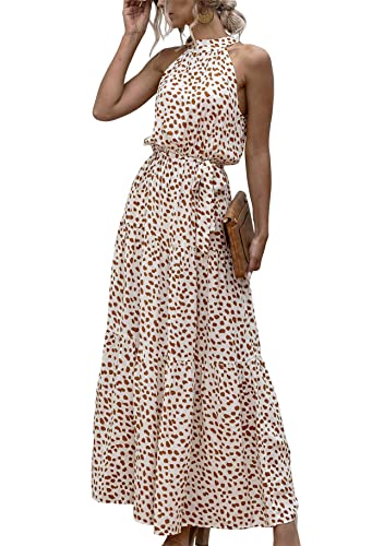 Yming Bohemian Neckholder Kleid Für Damen Gepunktetes Kleid Mehrlagiges Plus Size Kleid Lässiges Strandkleid Beige Punkt XS von Yming