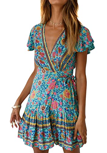 Yming Boho Tropical Print Kleid Für Frauen V Ausschnitt Kurzarm Rüschenkleid Kurzes Sommerkleid Grün L von Yming