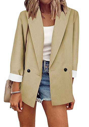 Yming Damen Strickjacke Elegant Chic Jacke Büro Arbeit Blazer Einfarbig Reverskragen Blazer Beige M von Yming