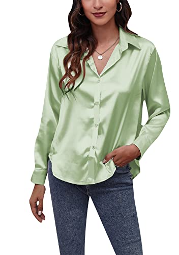 Yming Button Satin Bluse Für Frauen Langarmhemd Reverskragen Arbeit Büro Top Hellgrün XXL von Yming