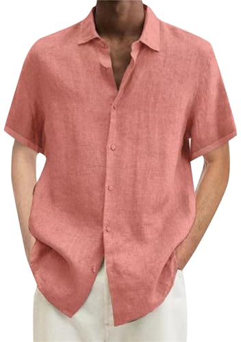 Yming Casual Basic Arbeitshemd Männer Sommer Loose fit Leinen Baumwollhemd Kurzarm Button Down Shirt Orange M von Yming