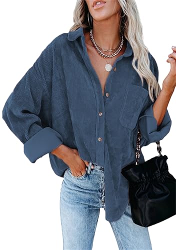Yming Damen Lose Bluse Lässige Kordhemden Leichte Hemden Langarmhemden Blau S von Yming