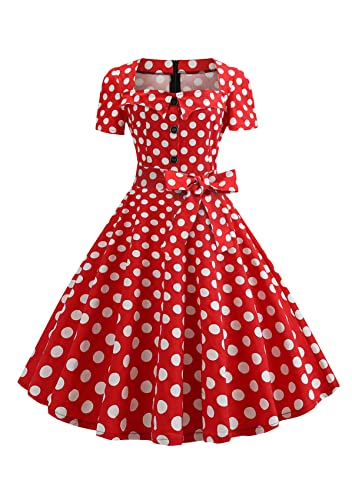 Yming Cocktail Vintage Kleid Für Damen Trapez V Ausschnitt Kleid Sommerkleid Mit Hoher Taille Rot Polka Punkte XL von Yming