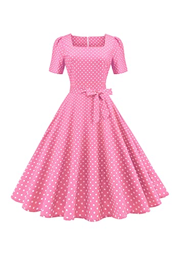 Yming Frauen Audrey Hepburn Cocktailkleid mit Gürtel Vintage Taille Kurzarm 1950er Kleid Rosa L von Yming