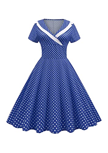 Yming Frauen 1950er Jahre Cocktail V-Ausschnitt Kleid Vintage Slim Fit Kleid Retro Party Kleid Swing Prom Kleider Blau XL von Yming