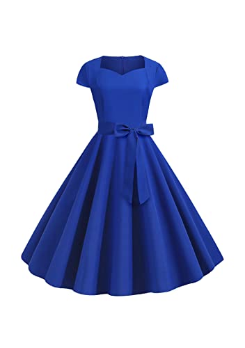 Yming Damen 1950s A Line Rockabilly Kleid Kappenärmel Vintage Swing Partykleid Rockabilly Vintage Einfarbig Cocktailkleider Royal Blau M von Yming