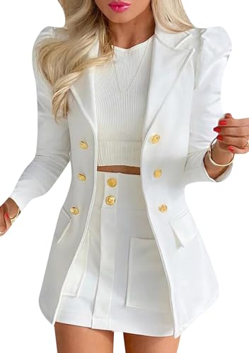 Yming Damen 2-Teilige Business-Casual-Outfits Mit Gekürztem Blazer Hoch Tailliertem Minirock Und Shorts Für Die Arbeit Weiß XS von Yming