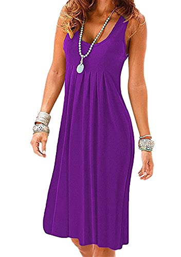Yming Damen Ärmellos Kleid Faltenkleid Lässig Rundhals Kleid Violett XXL von Yming
