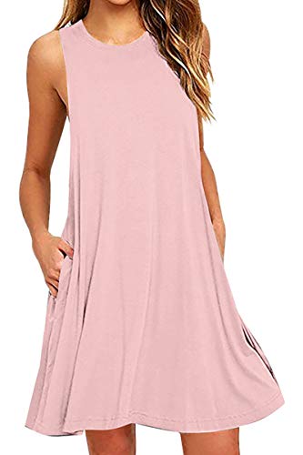 Yming Damen Ärmellos Kleid Lose Rundhals Minikleid Langes Hemd Kleid Rosa M von Yming