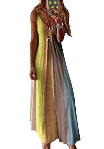 Yming Damen Ärmellos Sommerkleid V-Ausschnitt Kleid Schlinge Kleid Farbverlauf Strandkleid Gelb S von Yming