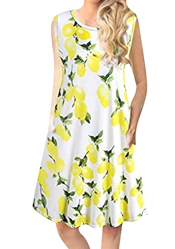 Yming Damen Ärmellose Sommerkleider Lässiges Minikleid Lockeres Blumenkleid Sommerkleid mit Taschen Gelbe Zitrone L von Yming