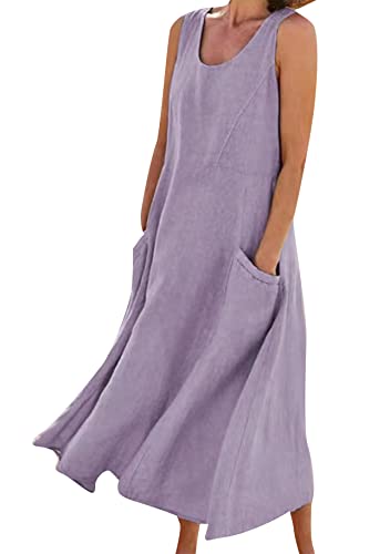 Yming Damen Ärmelloses Sommerkleid Langes Tank Kleid Baumwoll Leinen Kleid Maxikleider Mit Rundhalsausschnitt Lila XXL von Yming