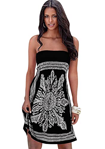 Yming Damen Ärmelloses Sommerkleid Trägerloses Strand Bohème Kleid Casual Off Shoulder Kleid Mit Blumenmuster Schwarz XXL von Yming