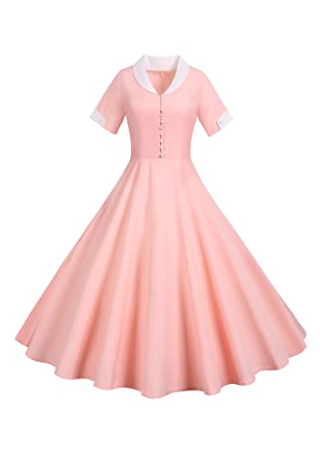 Yming Frauen Cocktailkleider Mit Knöpfen Reverskragen Audrey Hepburn Kleid Mit Gürtel Cocktailkleid Rosa M von Yming