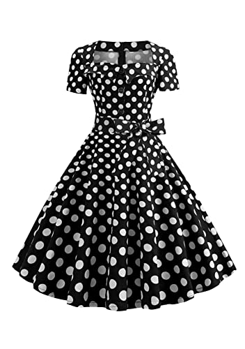 Yming Damen Vintage Einfarbiges Kleid Mit Gürtel Slim Fit Sommer Partykleid Hohe Taille Kleid Schwarz Polka Punkte XS von Yming