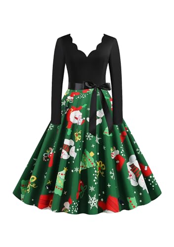 Yming Damen Abendkleid Festliches Gedrucktes V-Ausschnitt Kleid Hohe Taille Cocktailkleid mit Gürtel Grün 3XL von Yming