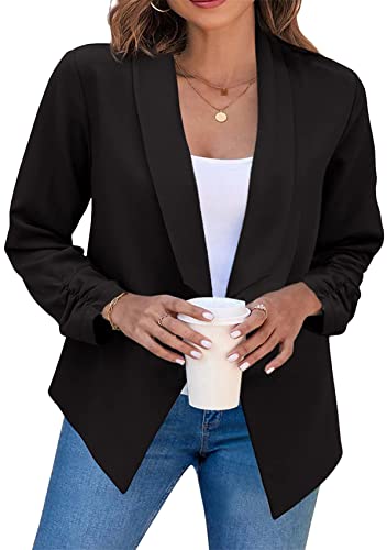 Yming Blazer Für Frauen Eleganter Blazer Geraffte Ärmel Jacke Büroarbeit Lockere Anzugjacke Reines Schwarz L von Yming