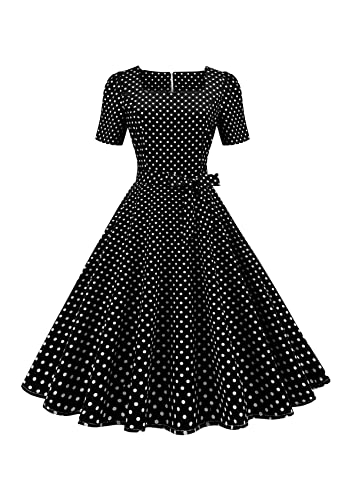 Yming Damen Swing Audrey Hepburn Stil Kleid mit Gürtel 1950er Polka Dot Kleid Vintage Abendkleid Schwarz S von Yming