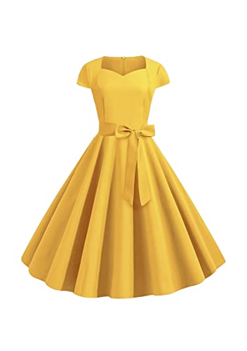 Yming Damen Audrey Hepburn Elegante Knielange Kleider Kurze Ärmel Kleider Rockabilly Kleid Mit Gürtel Einfarbige Kleider Gelb M von Yming