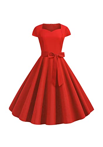 Yming Damen Audrey Hepburn Swing Kleid Kappenärmel Rockabilly Sommerkleider Cocktail Tea Party Kleid Vintage Abendkleid Rot S von Yming
