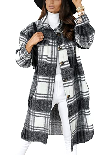 Yming Damen Lange Karierte Hemdjacke Shacket Revers Knopf Tartan Oversize Freizeithemd Trenchcoat Dunkelgrau XL von Yming