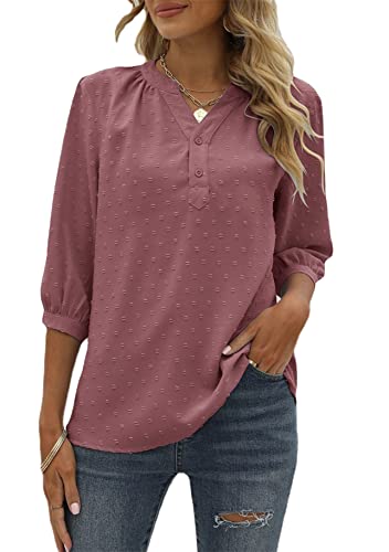 Yming Damen Baggy Blusen V-Ausschnitt Oberteile Halbarm Jacquard Chiffon Shirt Dunkelrosa XL von Yming