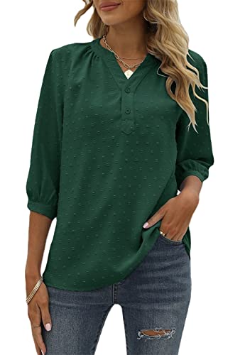 Yming Damen Baggy Half Sleeve Shirt Chiffon Tops V-Ausschnitt Blusen Swiss Dot Oberteile Grün L von Yming
