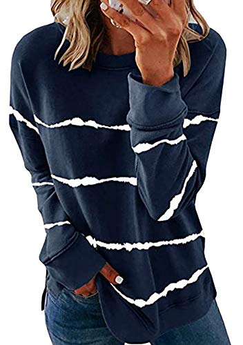 Yming Damen Baggy Sweatshirt Langarm Bluse Streifen Shirts Freizeit Oberteil Navy Blau XXL von Yming