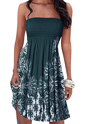 Yming Damen Bandeau Sexy Elegantes Sonnenkleid Bohème Blumenkleid Trägerloses Kleid Casual Sommer Midikleid Dunkelgrün L von Yming