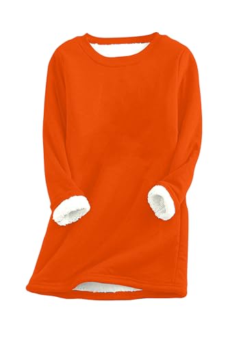 Yming Damen Basic Casual Rundhals Fleece gefüttert Pullover Sweatshirts Loungewear Orange XL von Yming
