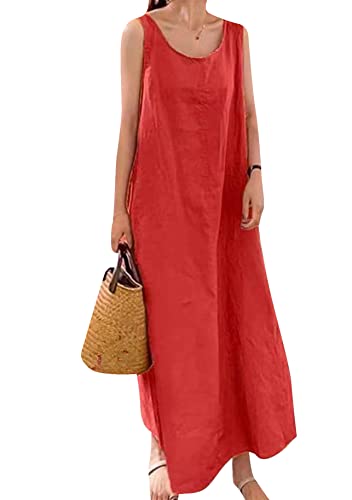 Yming Damen Baumwolle Leinen Tank Kleid Einfarbig Ärmelloses Kleid Lässiges Langes Strandkleid Wassermelone Rot XL von Yming