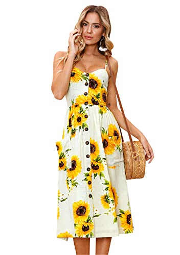 Yming Damen Bedrucktes Langes Kleid Midi Blumenmuster Knopfkleid Rückenfreies Spaghettiträger Kleid Sonnenblume Gelb M von Yming