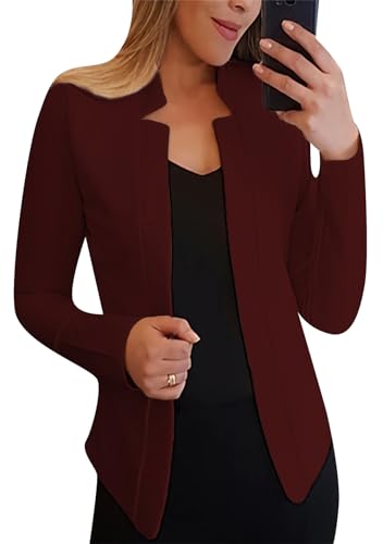 Yming Damen Blazer Elegant Chic Jacke Business Büro Anzugjacke Offene Front Blazer Burgunderrot 3XL von Yming