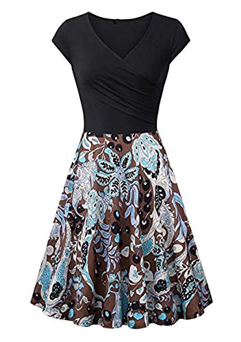 Yming Damen Blumen V-Ausschnitt Kleid Flügelärmel Kleid Knielang Kleid Blumen/Schwarz Braun XS von Yming