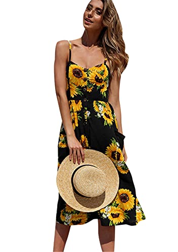 Yming Damen Boho Kleid Spaghetti Swing Rüschen Sonnenkleid Bedrucktes Boho Langes Kleid Sonnenblume Schwarz XS Yming Damen Boho Kleid Spaghetti Swing Rüschen Sonnenkleid Bedrucktes Boho Langes Kleid Sonnenblume Schwarz XS von Yming