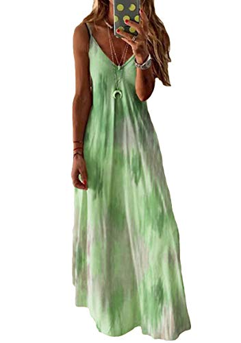 Yming Damen Boho Maxikleid V-Ausschnitt Sommerkleid Ärmellos Kleid Grün XL von Yming