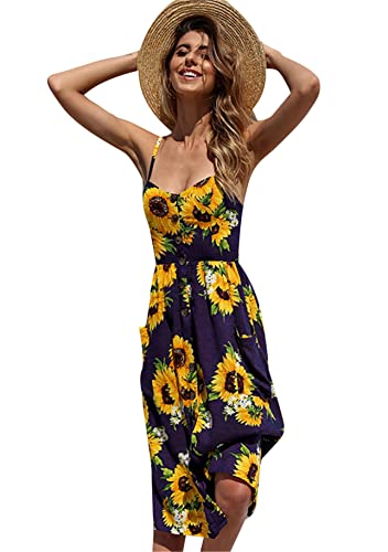 Yming Damen Boho Sommerkleid Knielang Kleid Lässiges Strandkleid mit Knöpfen Marineblau XS von Yming