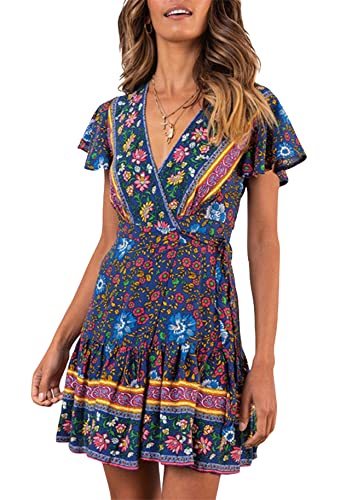 Yming Damen Boho Tribal Print Kleid Kurzarm V Ausschnitt Kleid Blumenmuster Sommer Swing Kleid Marineblau S von Yming