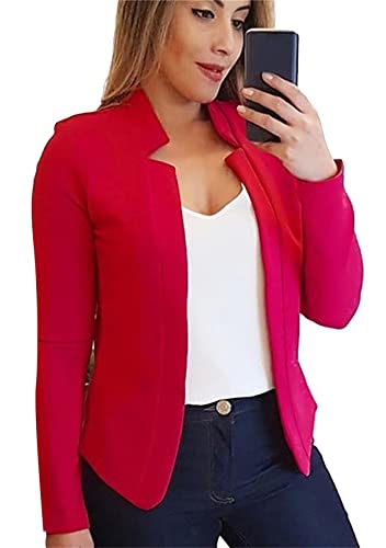 Yming Damen Knopfloser Blazer Büroarbeit Anzugjacke Einfarbig Leichter Blazer Rot 3XL von Yming