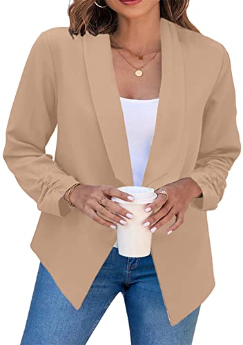 Yming Damen Büro Casual Anzug Einfarbig Jacke Offene Front Jacke Geraffte Ärmel Blazer Helles Khaki XL von Yming