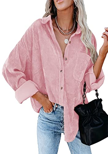 Yming Damen Button Down Hemden Revers Cord leichte Hemden Casual Solid Bluse Hellrosa M von Yming
