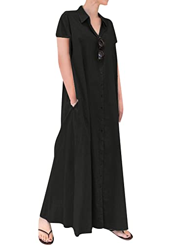 Yming Damen Button Down Maxi Shirts Kleid Mit Taschen Plus Size Shirt Kleid Leinen Buttons Down Kleider Kurzarm Schwarz XXL von Yming