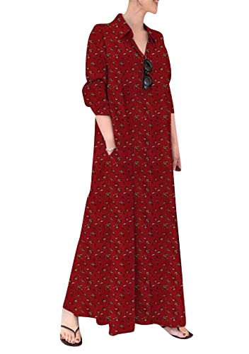Yming Damen Button Down V Ausschnitt Shirt Kleid Langarm Kleid Baumwolle Leinen Casual Loose Kleid Mit Tasche Rose Rot M von Yming