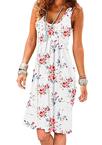 Yming Damen Casual Ärmellos Kleid Strandkleid Schulterfrei Basic Sommerkleid Weiße Rose XXL von Yming